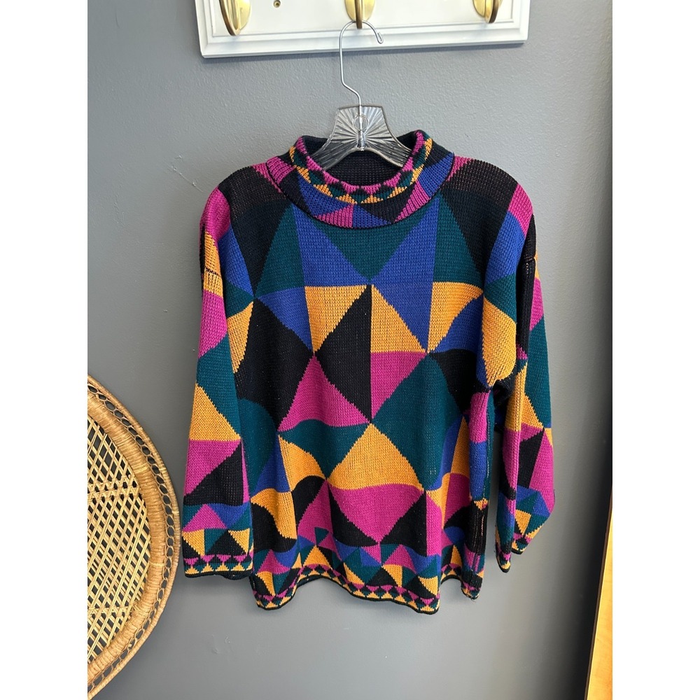 Vintage 80s Stefano Womens S Sweater Oversized Cosby Maximalist Mockneck‎ Top